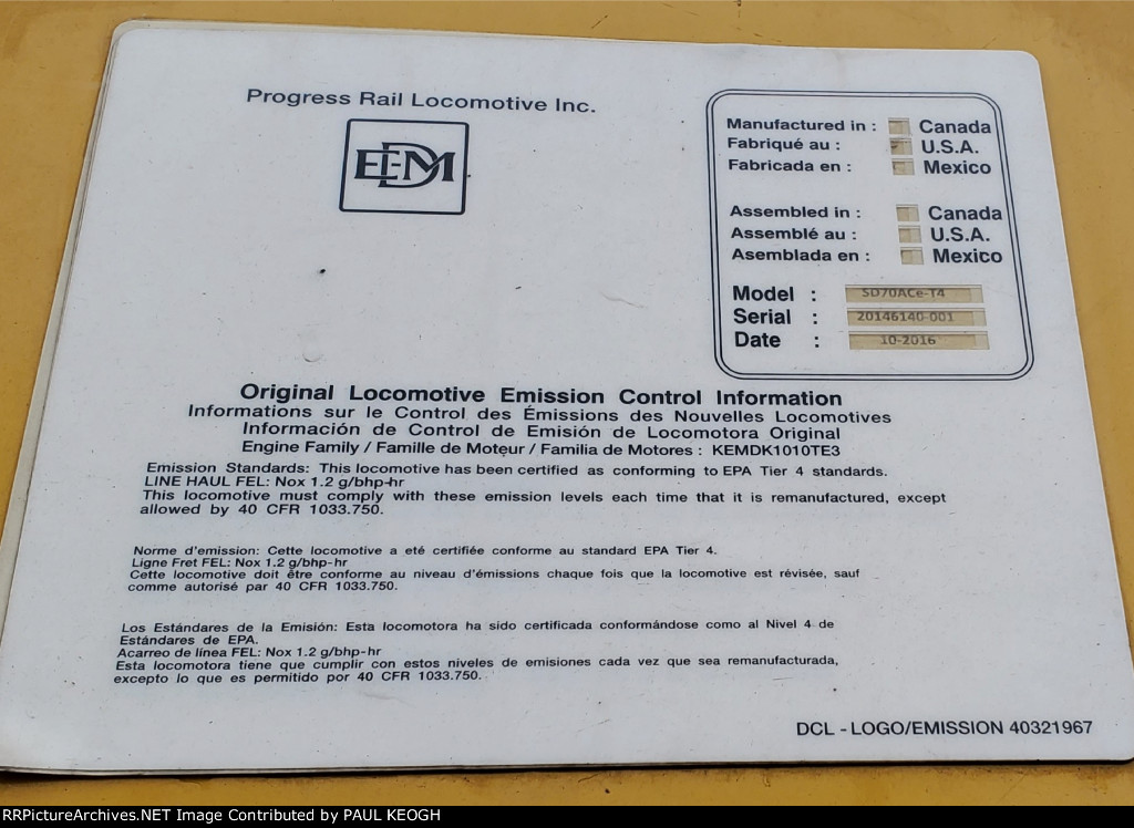 UP 3012's EMD/Progressive Rails Locomotive Data Plate. 001 for the 20146140 Series of T4-SD70ACe's